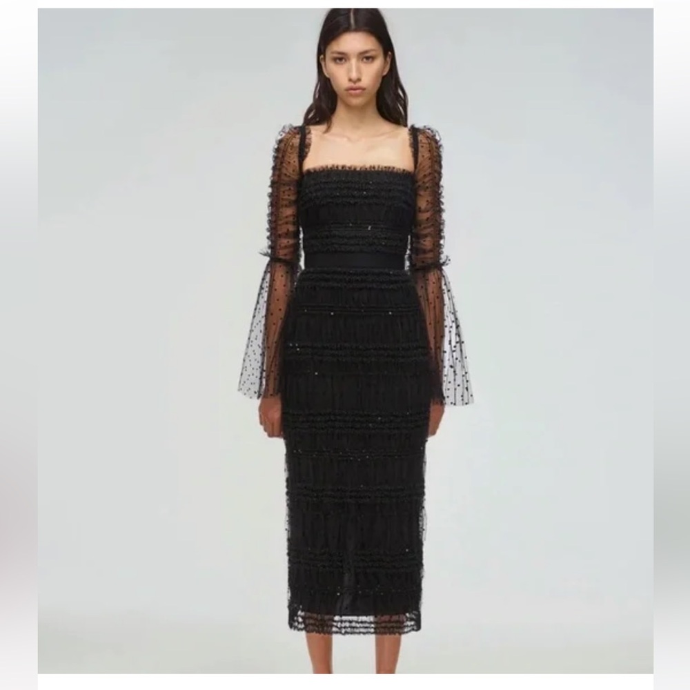 Self-Portrait Black Sheer Dot Sleeve Tiered Midi Dress